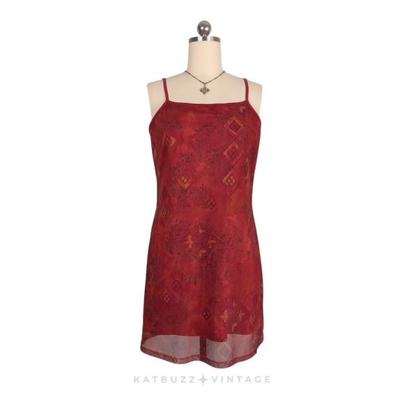 Vintage Express Mini Dress 9 10 Red Y2K Mesh Whimsigoth Dark Fairy Slip Short - Picture 1 of 12